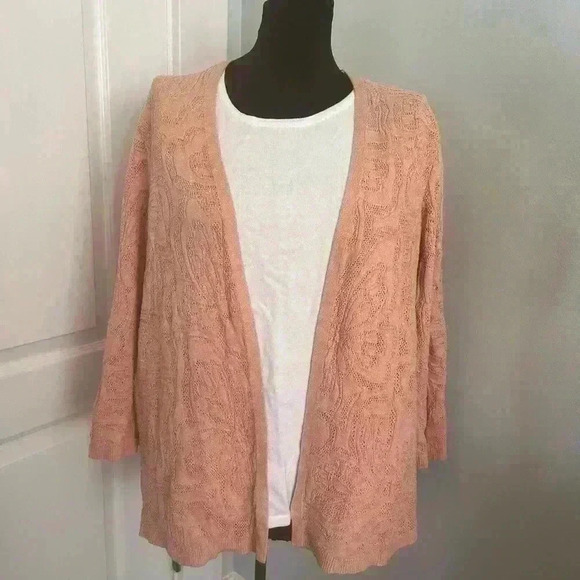 Alfred Dunner Womens XL Peach White Layered Top Cardigan Combo Butterfly Pattern - Picture 1 of 9
